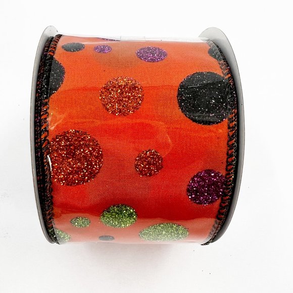 NEW Wired Ribbon Halloween Glitter Polka Dots 2.5” - Picture 1 of 4